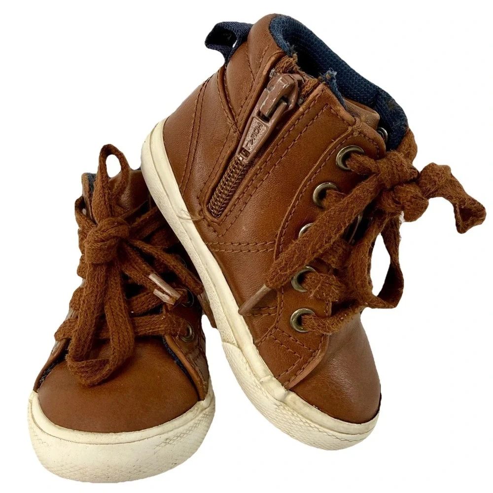 Cat & Jack Toddler Shoes Boots 5M‎ Brown Mid Top Tie Zip Casual